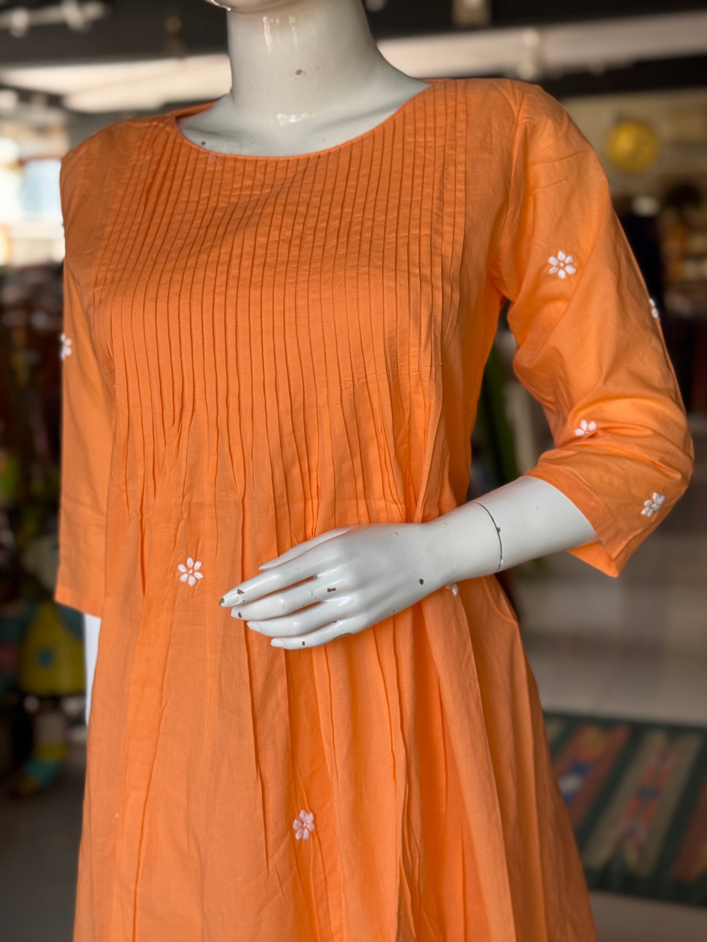 Kanakambar orange hand embroidered pintucks cotton kurta with white pants - 2 piece set