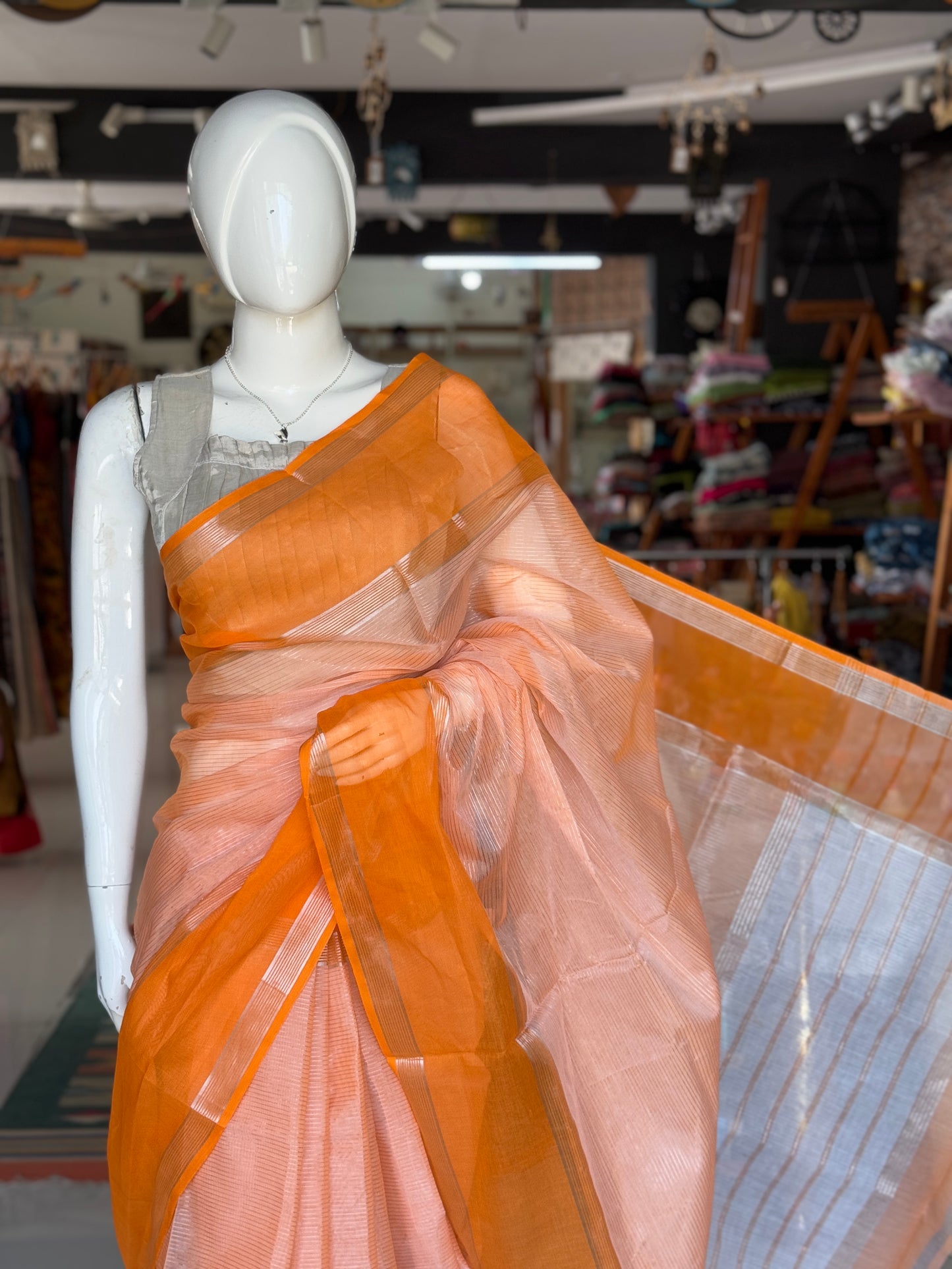 Fine silver stripes cotton Venkatagiri power loom saree