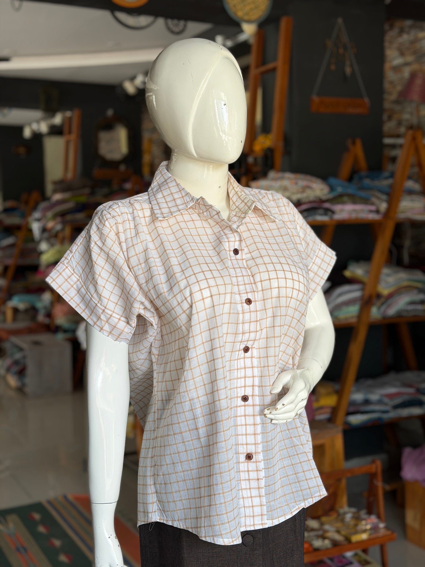 White and brown checkered handloom cotton free size pleated shirt style top with natural wooden buttons