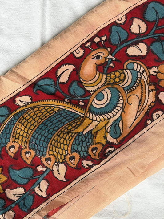 Maroon Silk pen Kalamkari hand painted border with peacocks and flowers design