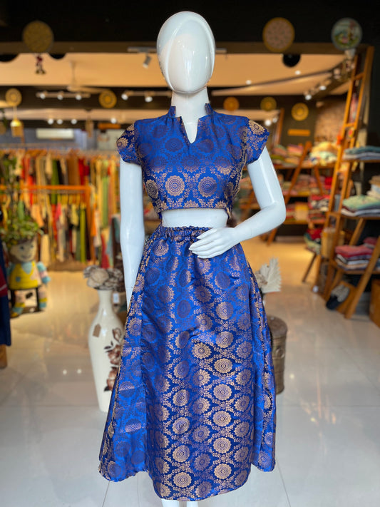 Blue Banarasi brocade lehenga crop top set