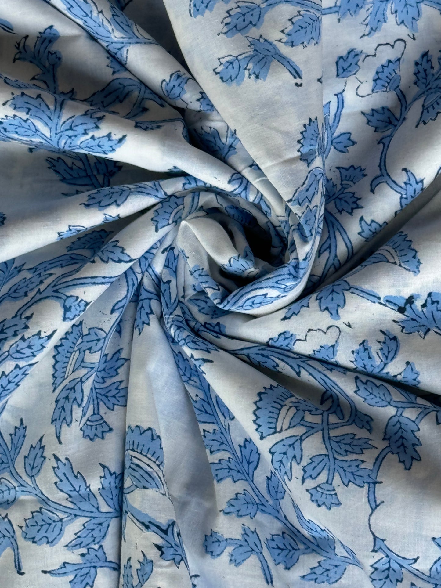 White with blue climber hand block printed soft cotton fabric