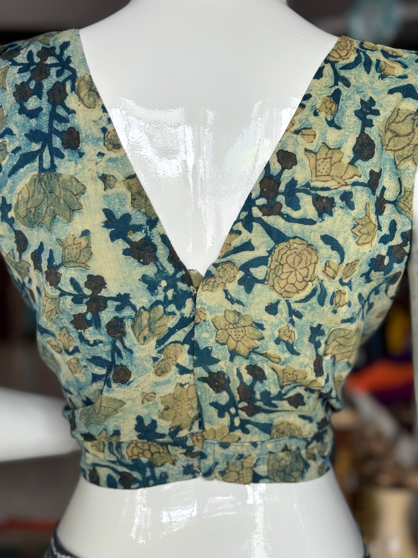 Blue green floral modal hand block printed crop top / blouse