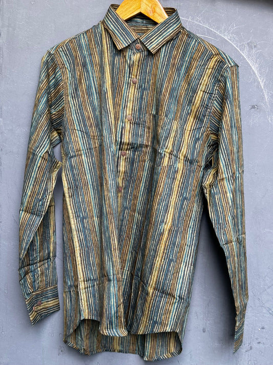 Green and yellow stripes handblock printed full sleeves cotton shirt for men