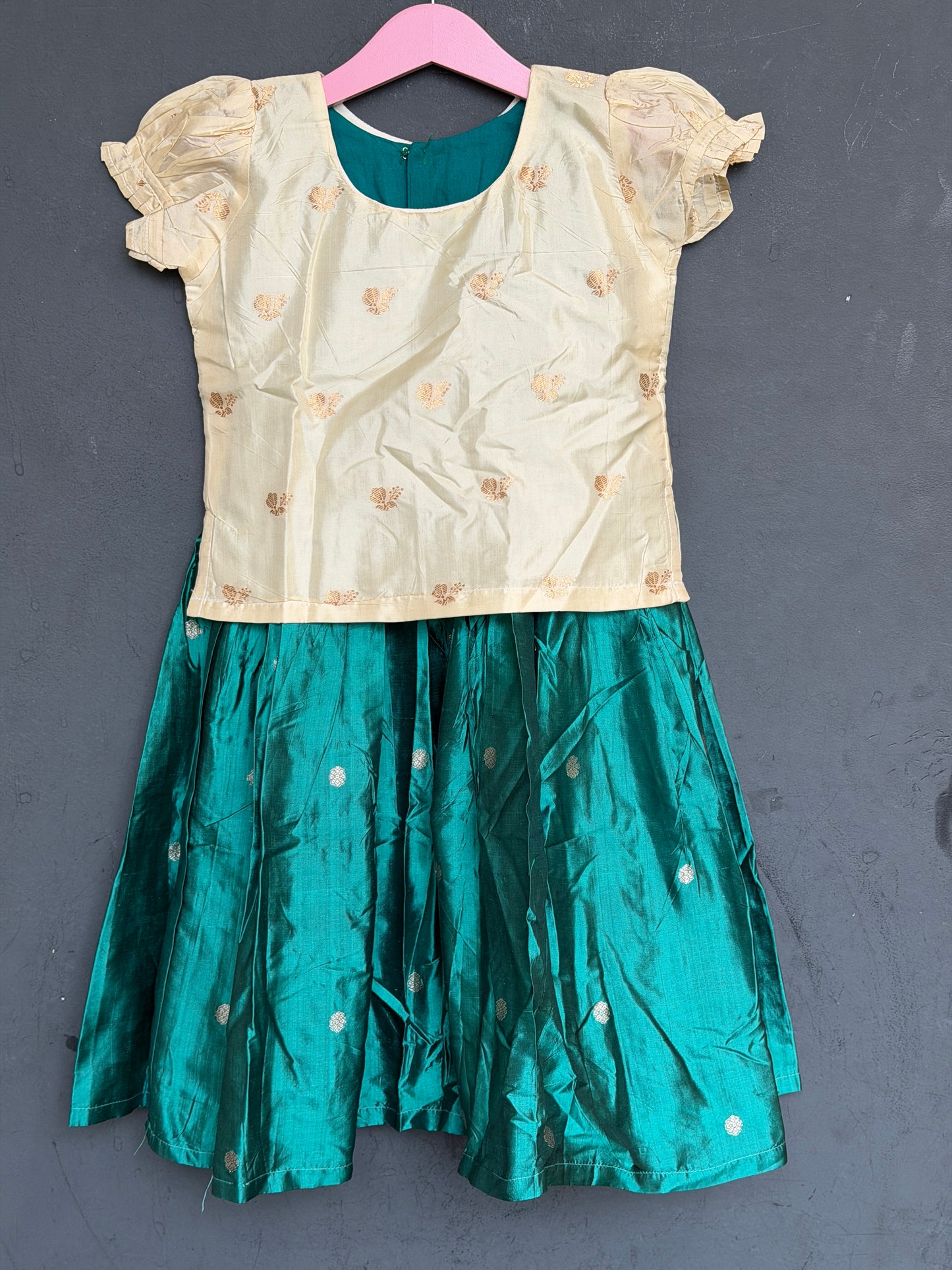 Turquoise lehenga with butis and cream blouse - handwoven pure silk lehenga (pattu langa jacket) blouse set