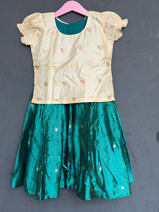 Turquoise lehenga with butis and cream blouse - handwoven pure silk lehenga (pattu langa jacket) blouse set
