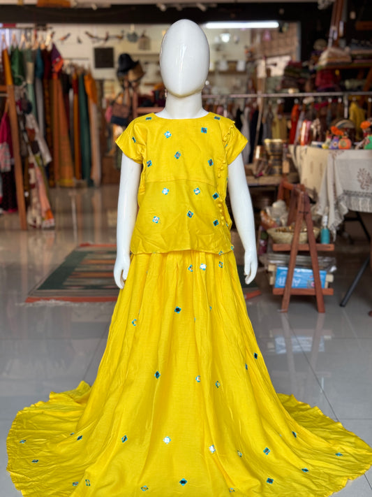 Bright yellow rayon lehenga skirt with foil mirror work and peplum top - coord set