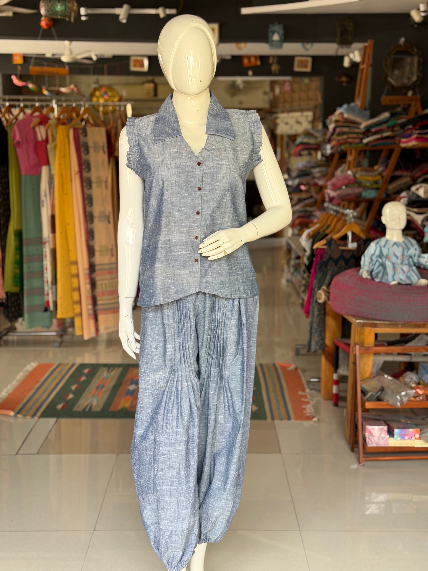 Bluish grey cotton handloom top with collar and frills sleeves - natural dyed
