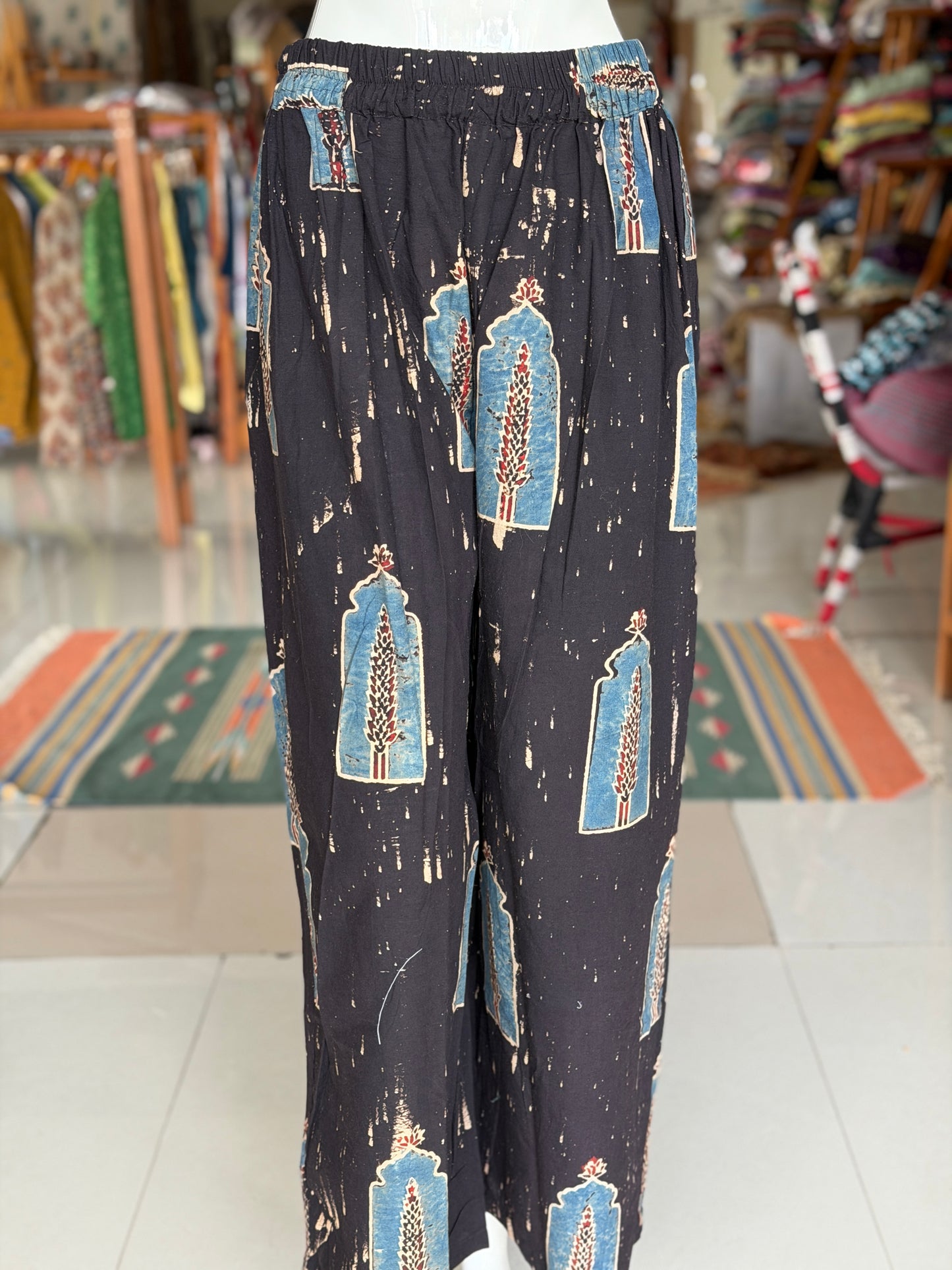 Black jharokha design cotton hand block printed Ajrakh free sized pants