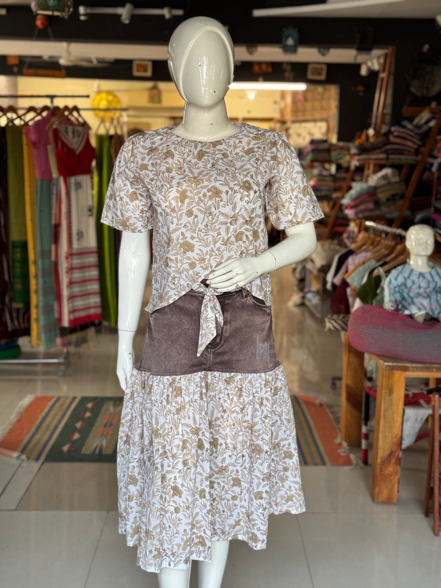 White and brown hand block printed cotton top with curved front