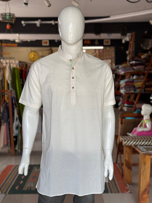 Offwhite cotton band collared thigh length kurta for men with wooden buttons
