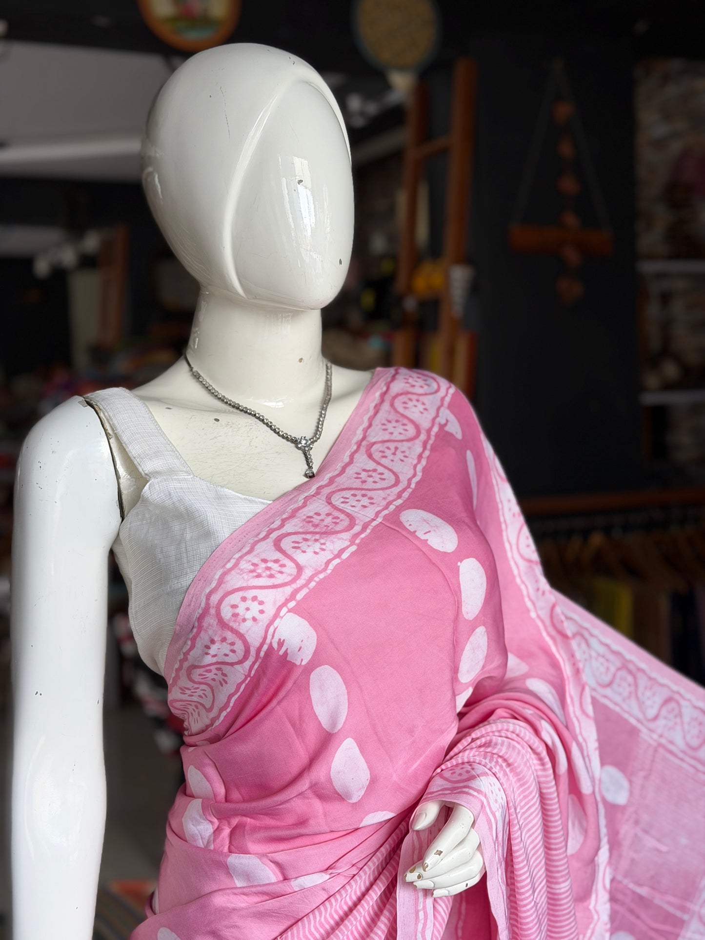Soft pink hand batik flowy modal saree - circles and stripes