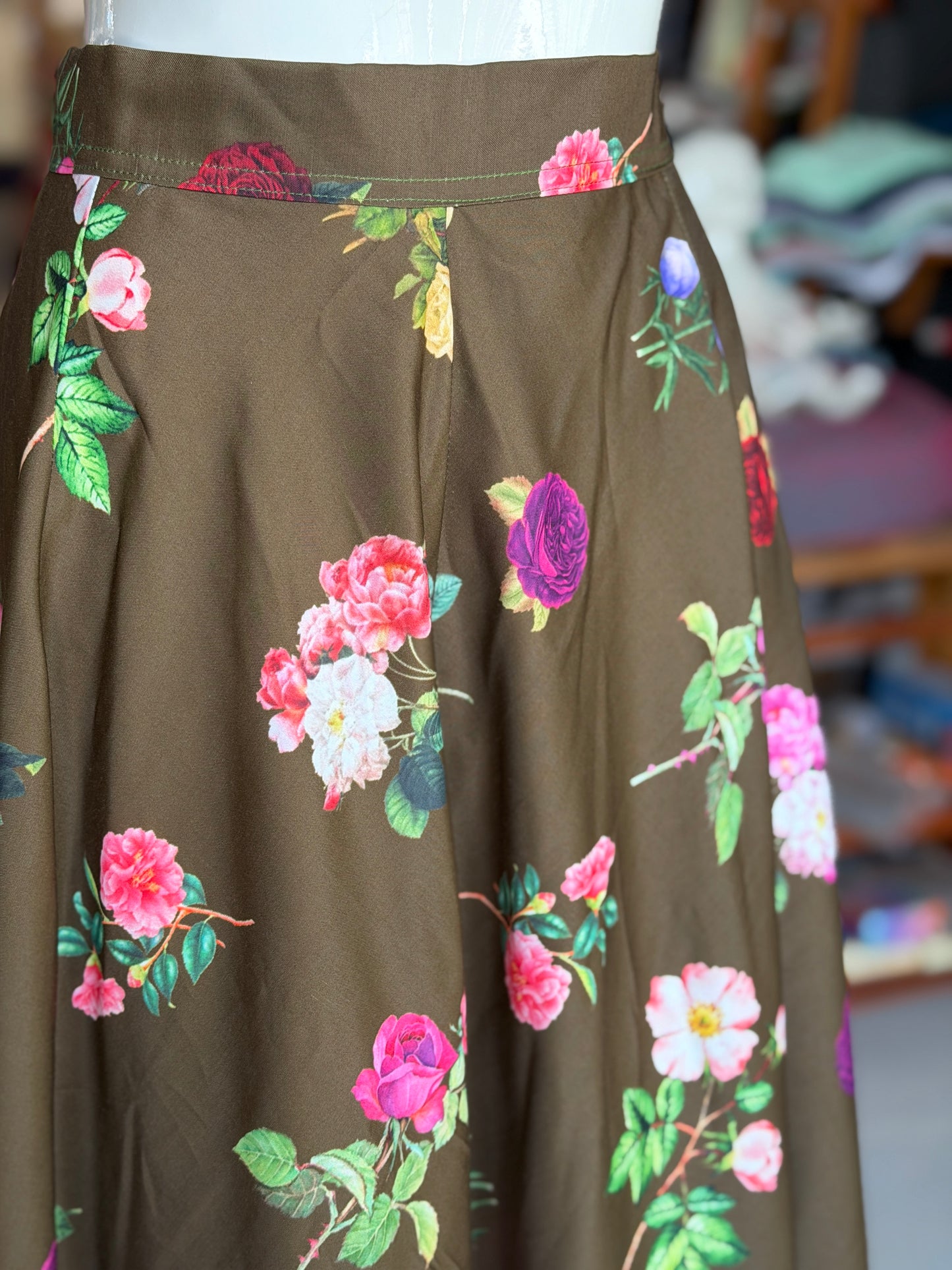 Olive green digital floral print umbrella skirt