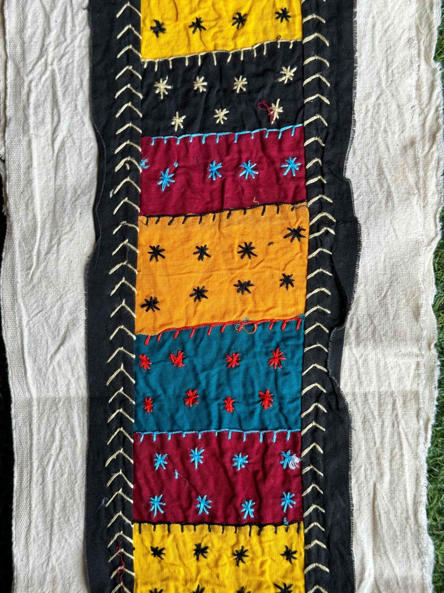 Black cotton border fabric with multi color patch work and hand embroidery