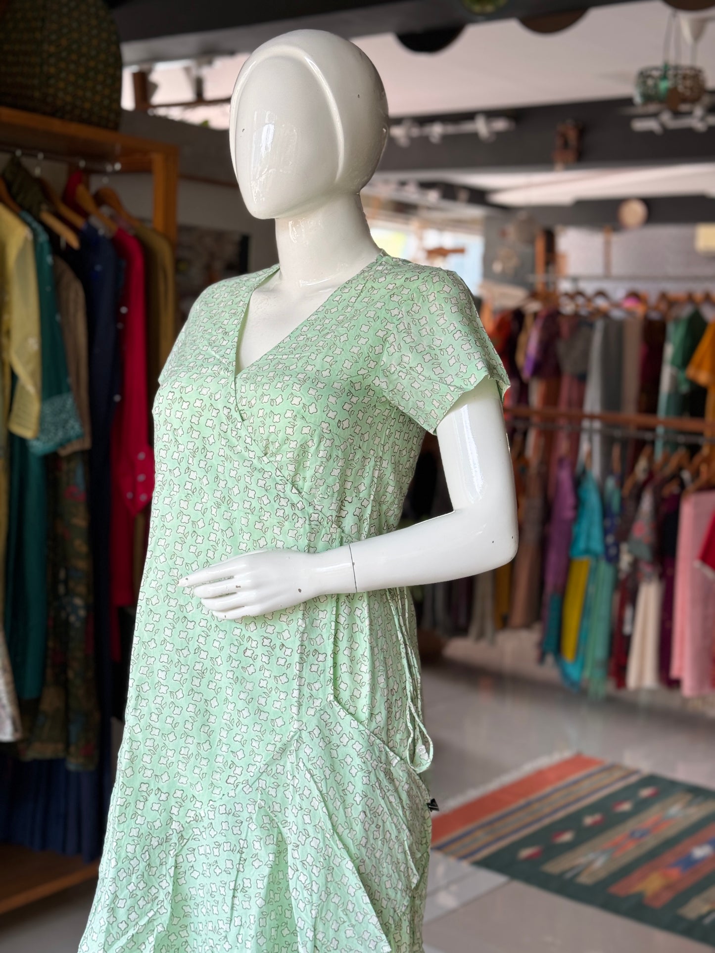 Mint green hand block printed wrap style cotton dress