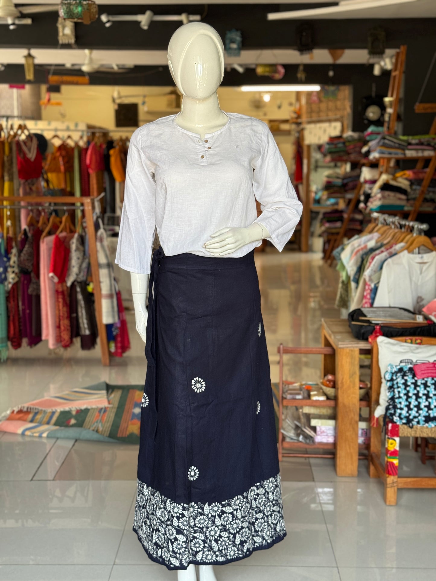Kantha hand embroidered cotton wrap around skirt - free size - multiple colors