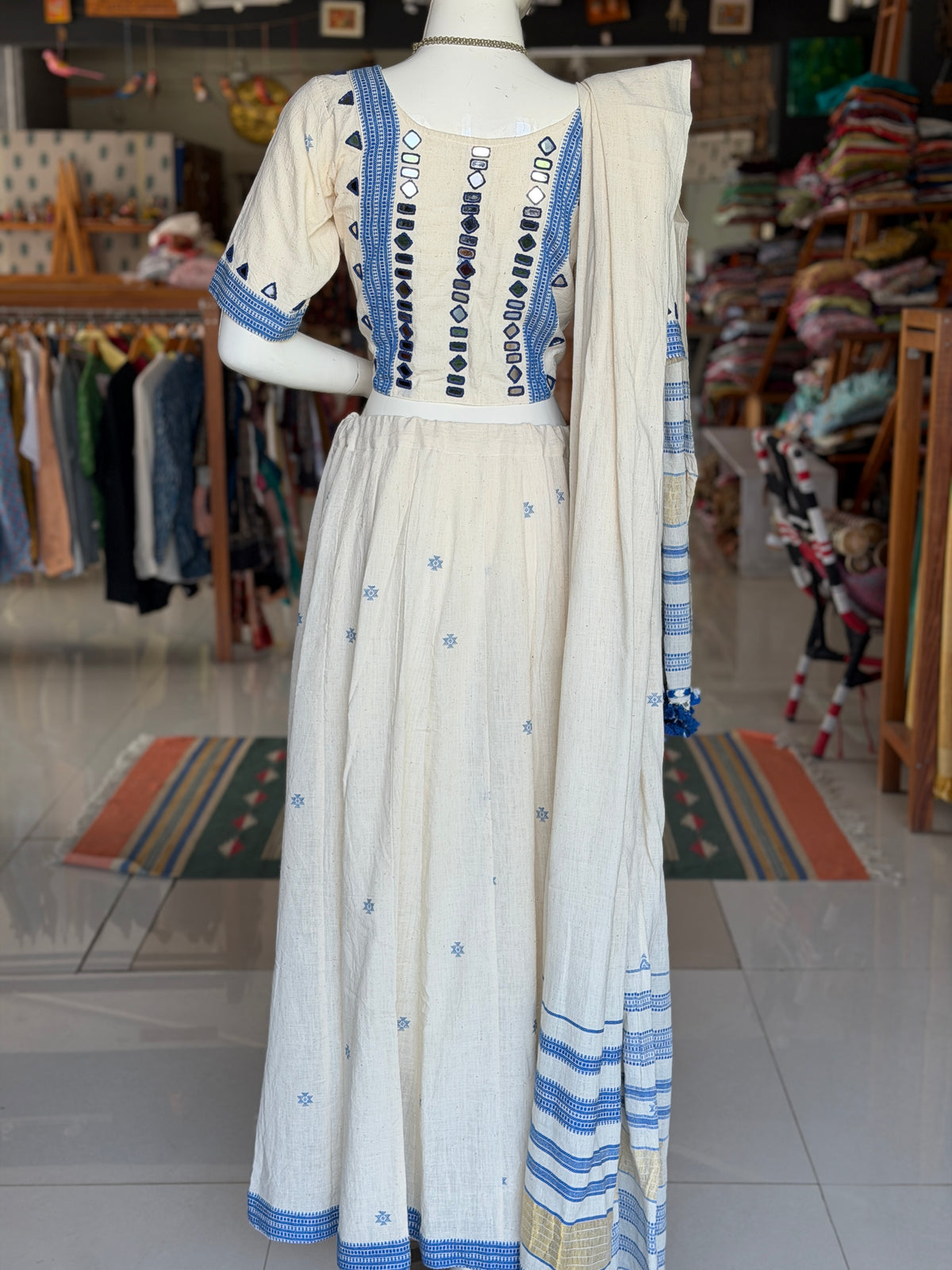 Off white Bhujodi kala cotton handloom blouse with mirror work on sleeves and back