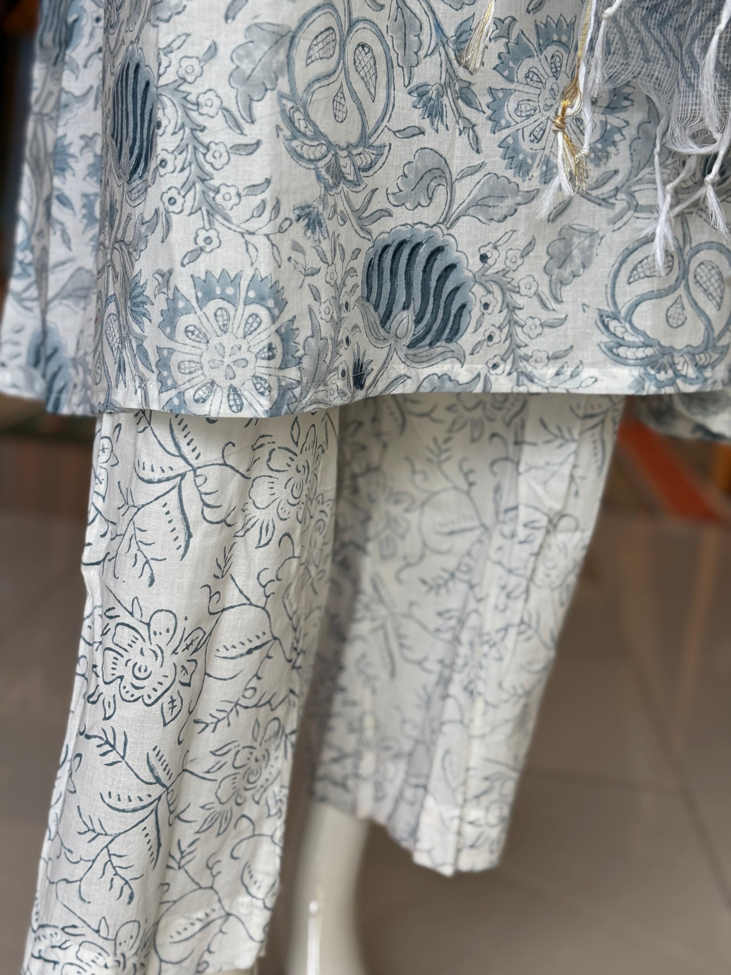 White n blue hand block printed cotton 3 piece a-line kurta suit set with kota doria dupatta