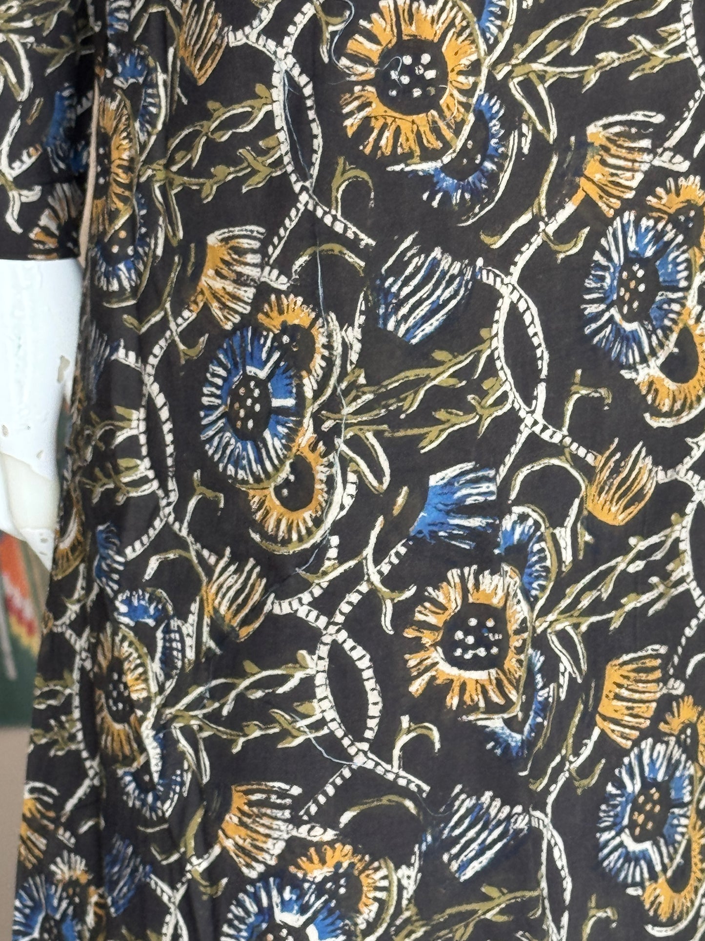 Black floral hand block printed cotton long jacket with sleeves