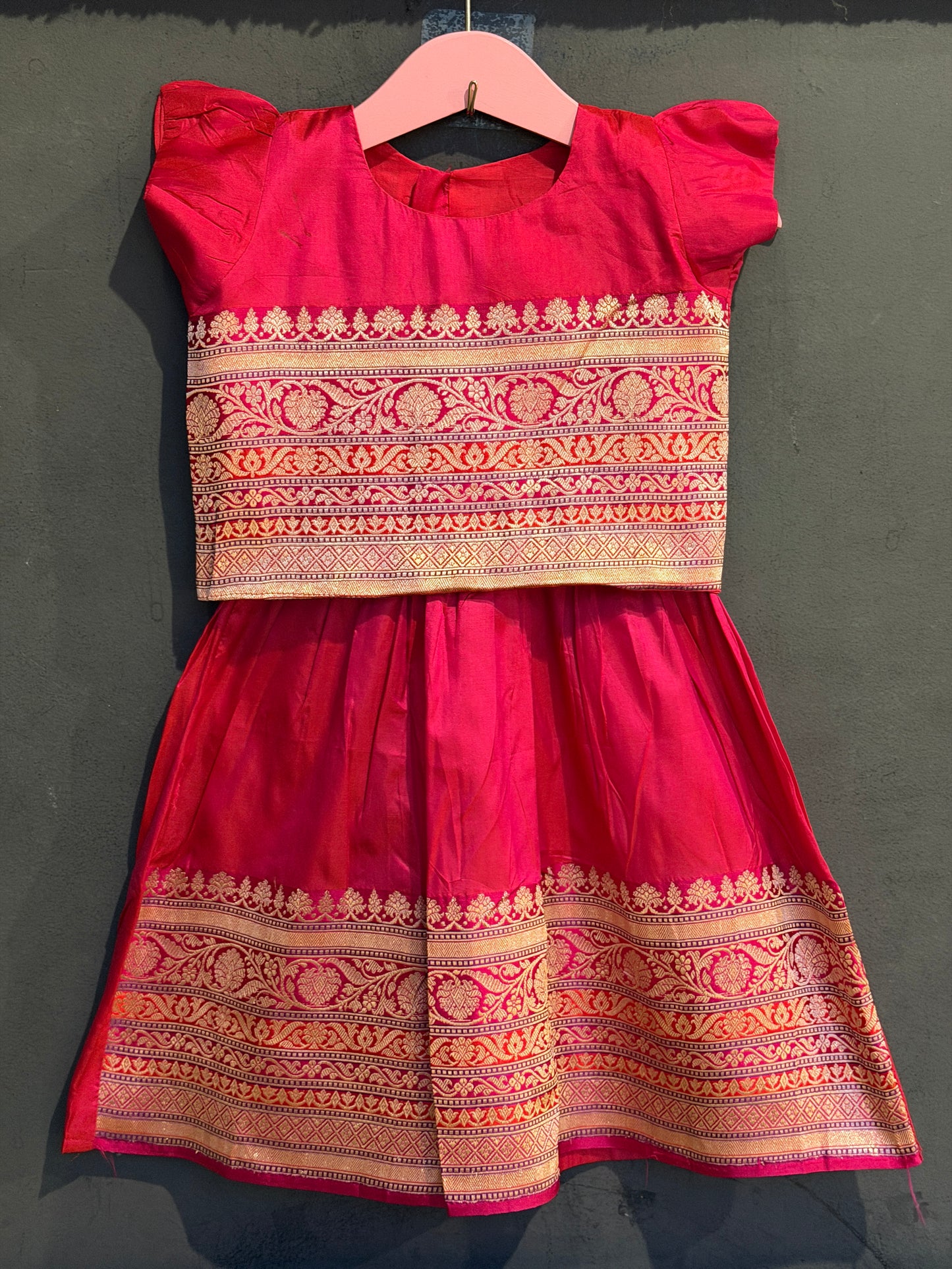 Pink handwoven pure silk lehenga (pattu langa jacket) blouse set
