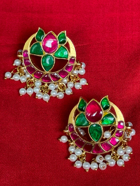 Chandbali earrings in pink and green stones - Gold polish 92.5 sterling silver
