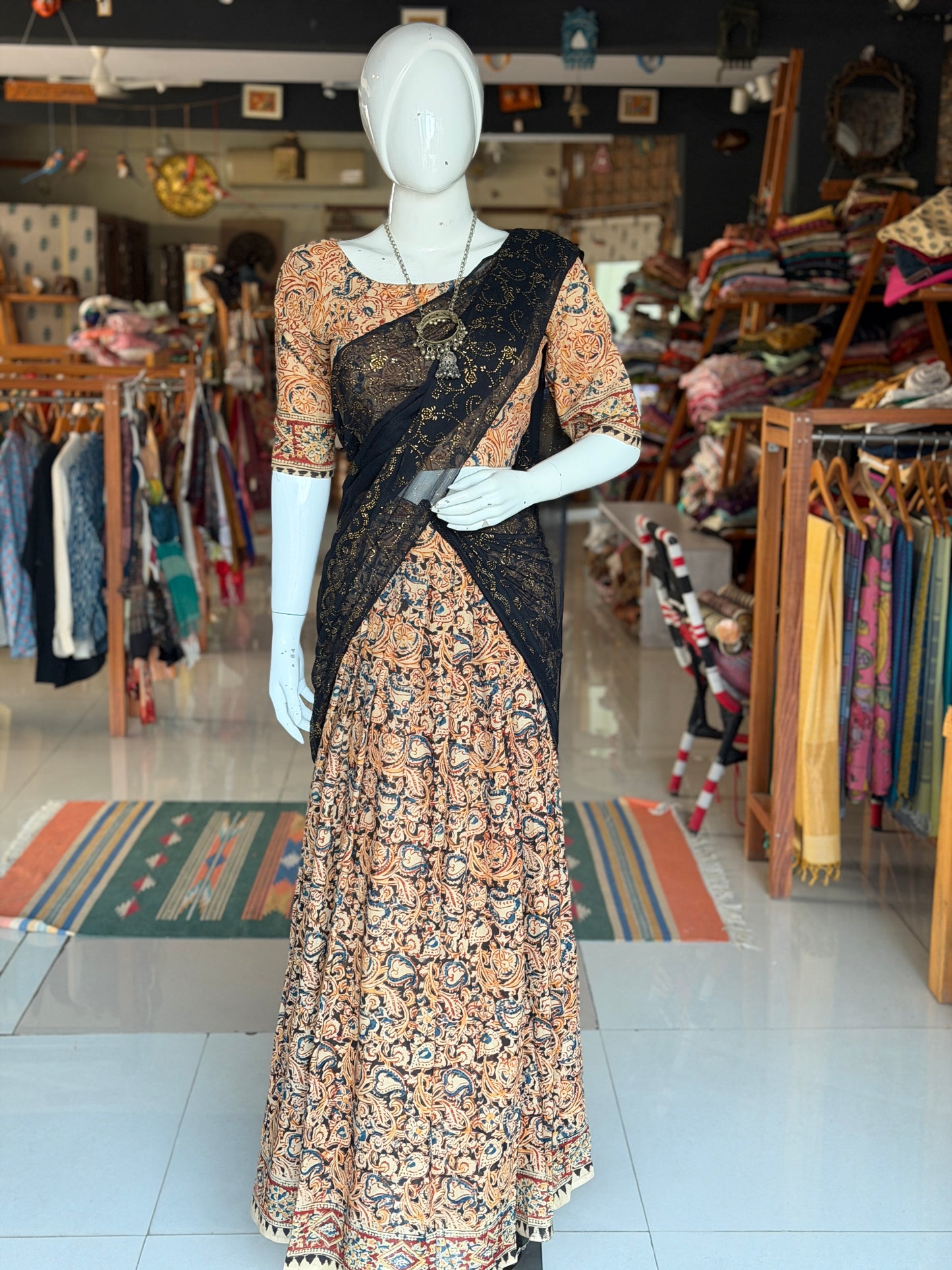 Langa voni - half saree - Kalamkari hand block printed cotton long skirt / lehenga / langa with cotton blouse - 2 piece set