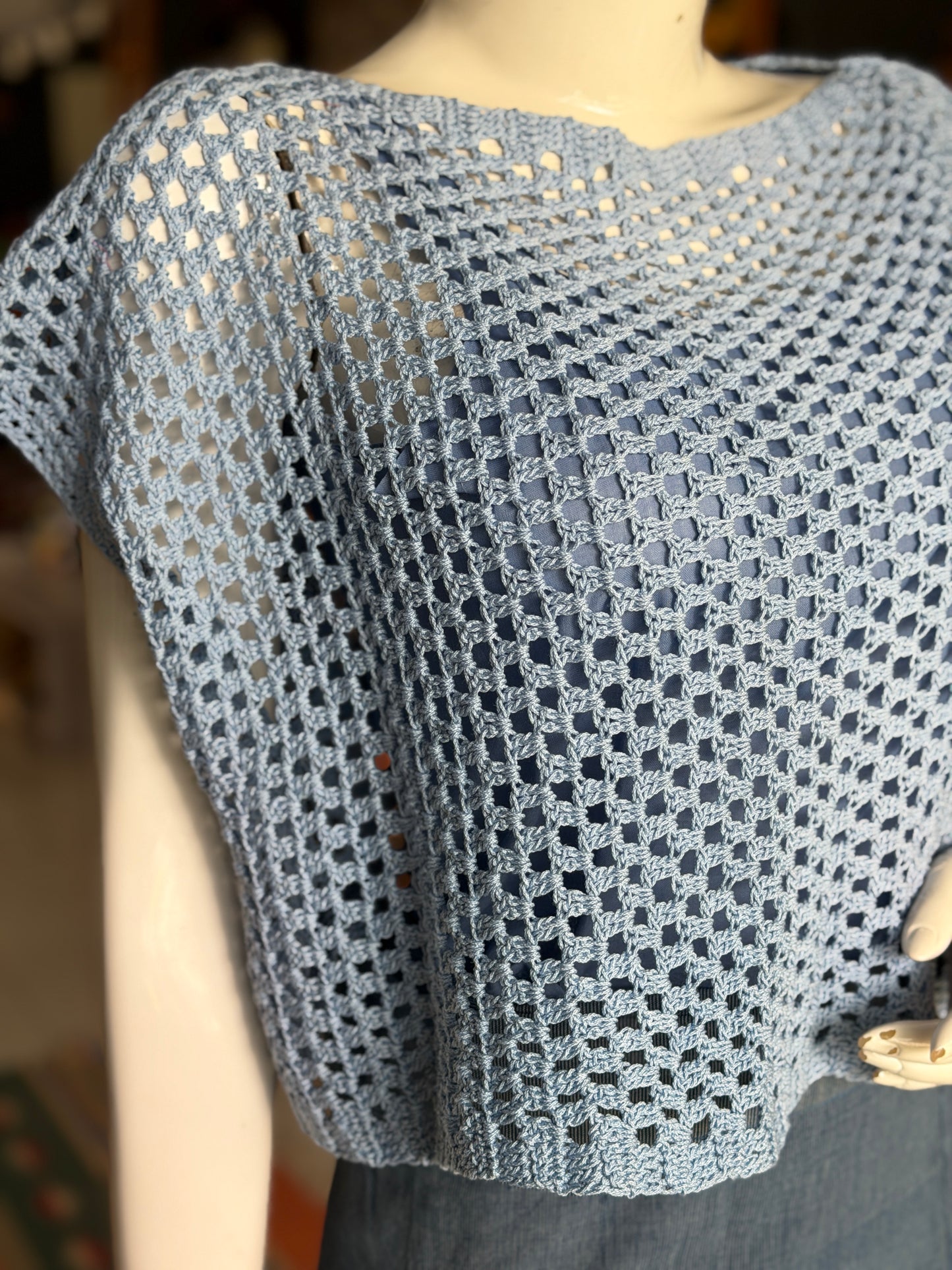 Blue hand crocheted cotton top - free size