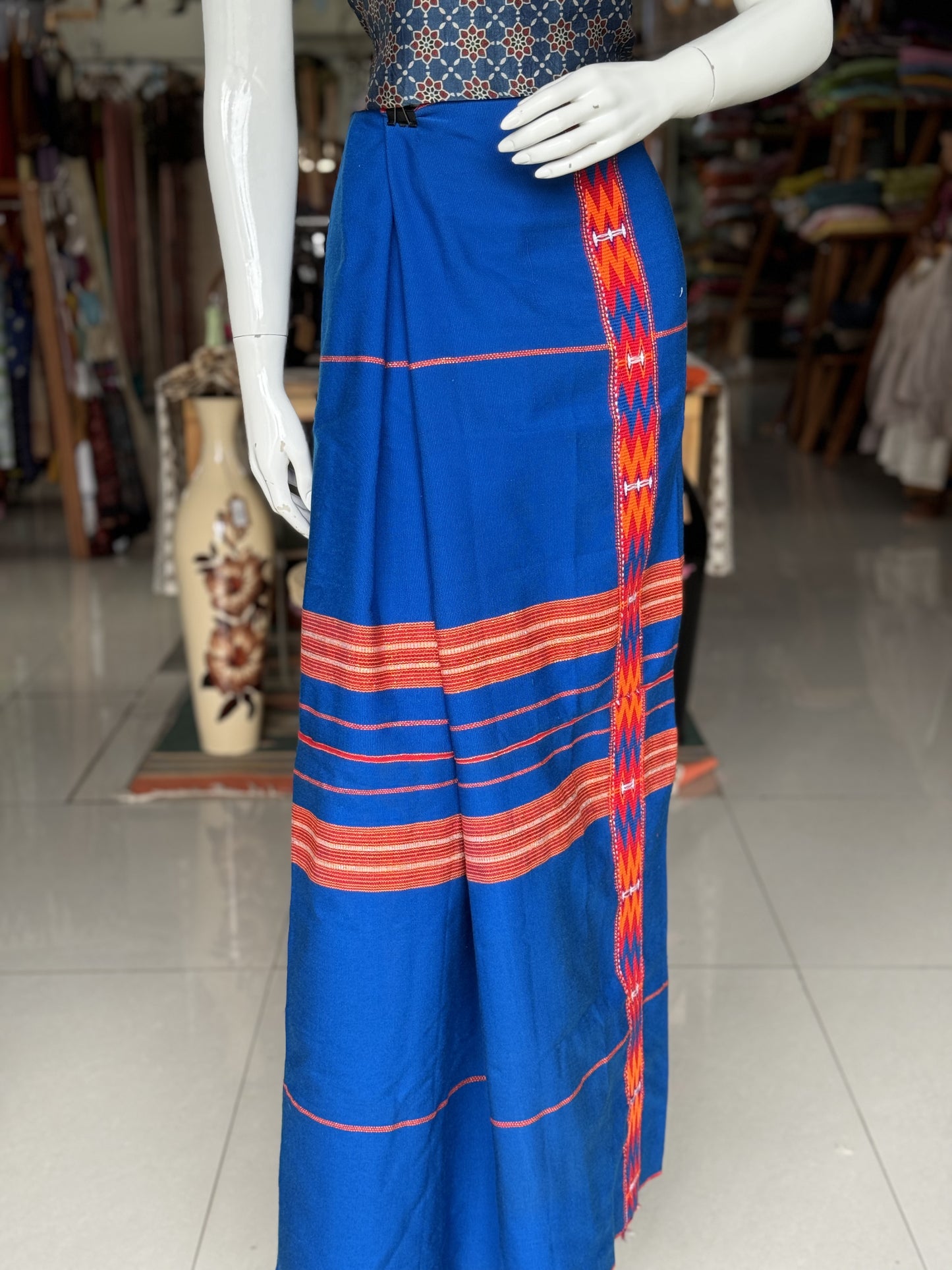 Blue hand woven Arunachal Pradesh soft and thick cotton wrap around skirt - free size