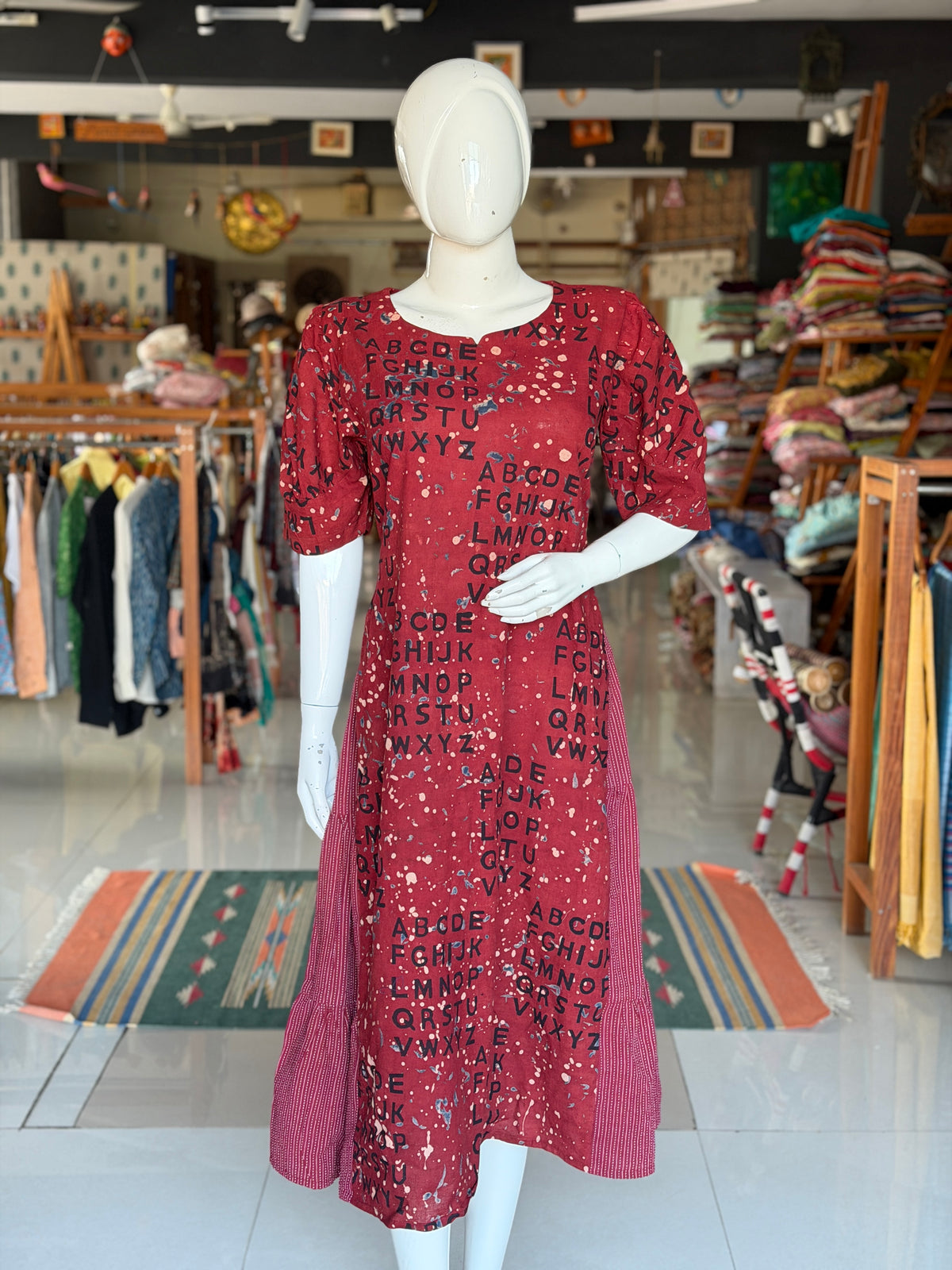 Maroon ABC alphabet Ajrakh hand block printed cotton dress with side Kantha cotton frills