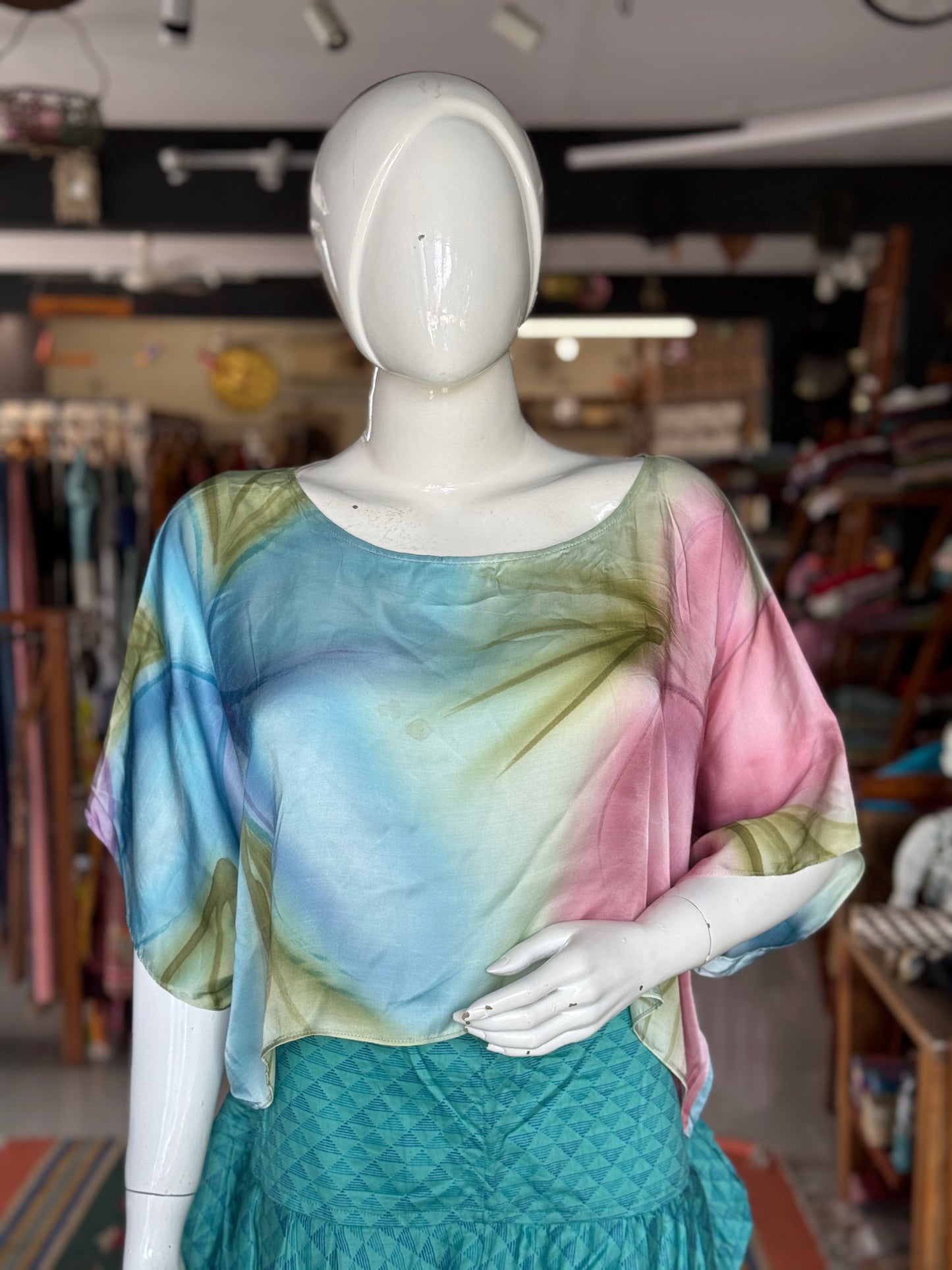 Blue, green and pink hand-painted modal satin kaftan crop top