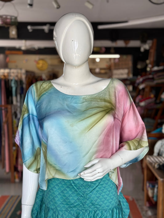 Blue, green and pink hand-painted modal satin kaftan crop top