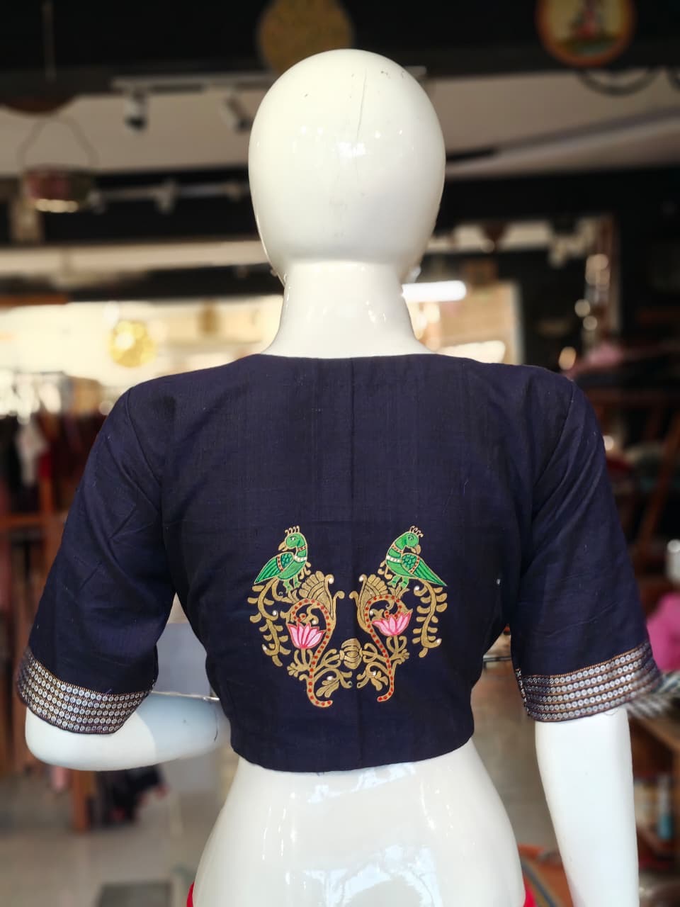 Handloom cotton elbow sleeves with borders blouse - Handpainted / Hand embroidered