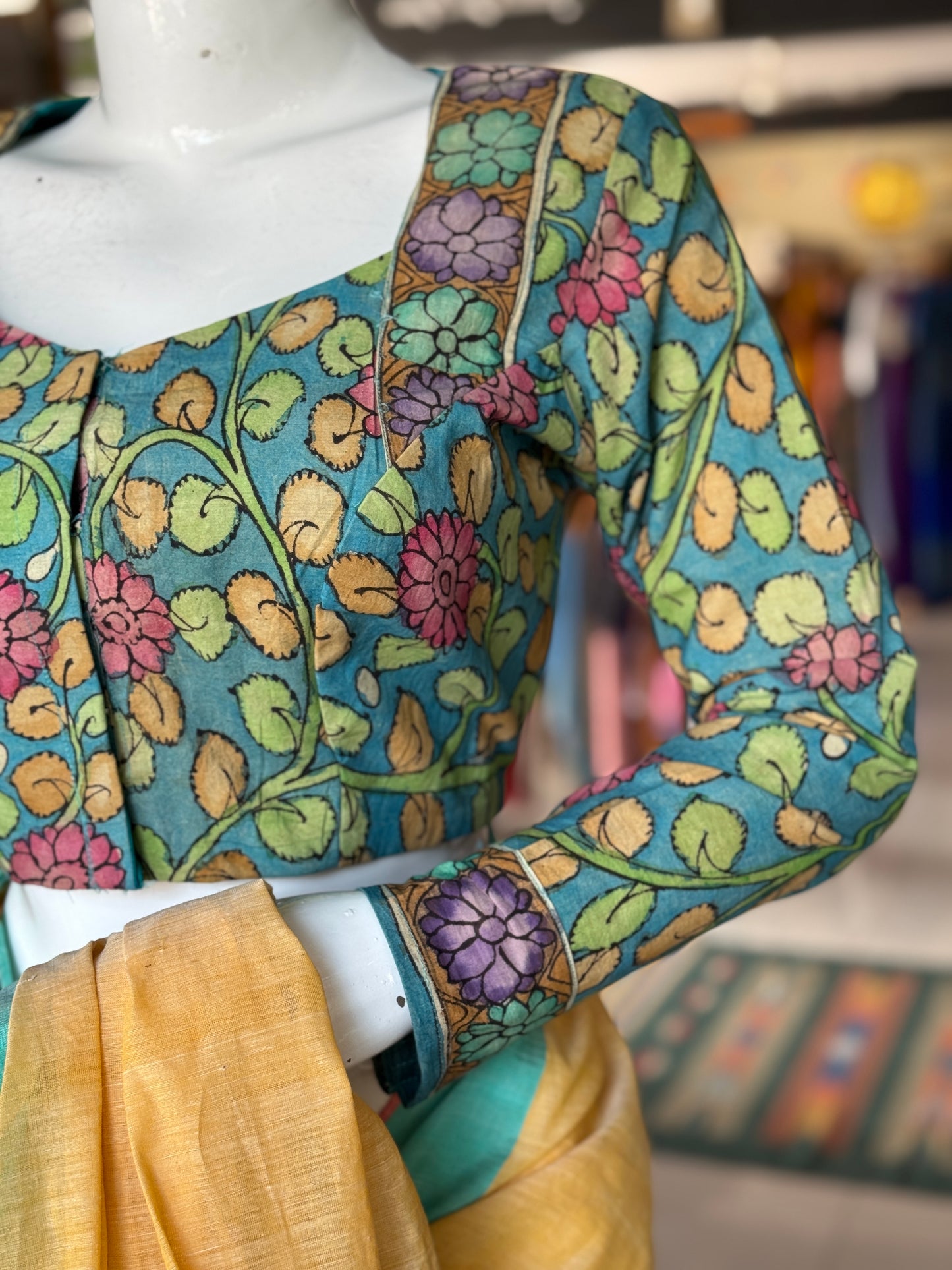 Blue Pen kalamkari hand painted cotton blouse with long sleeves