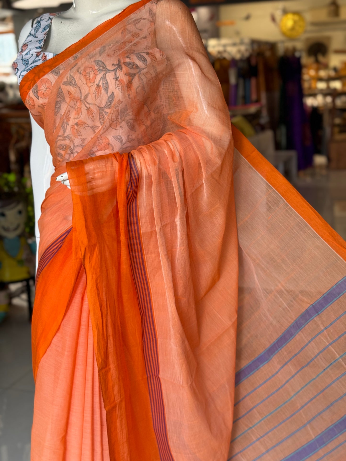 Orange plain cotton saree with stripes wide border light weight soft handloom Bobbili cotton saree