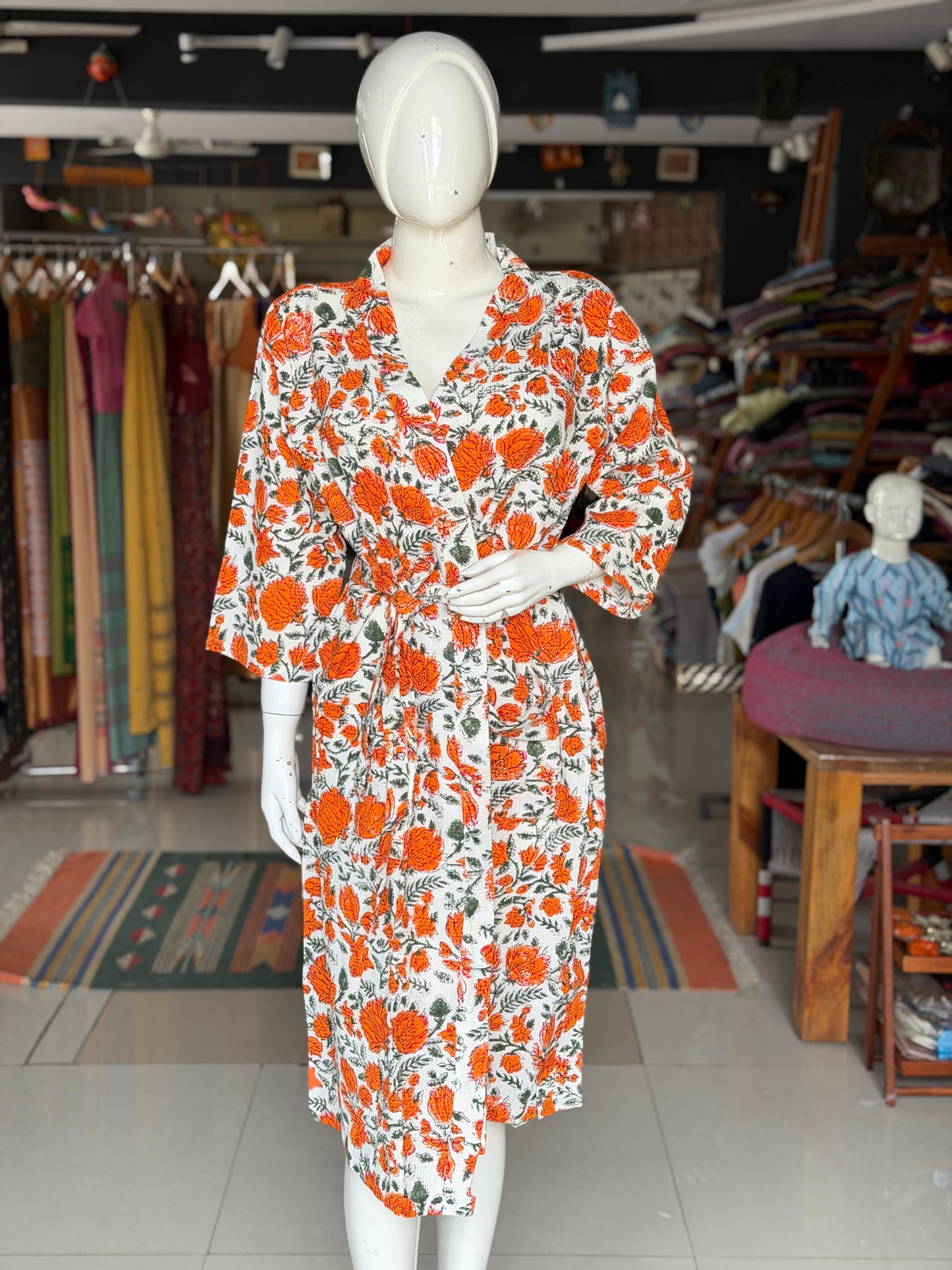 Hand block printed waffle cotton bath robe / swim suit cover up for adults - multiple designs