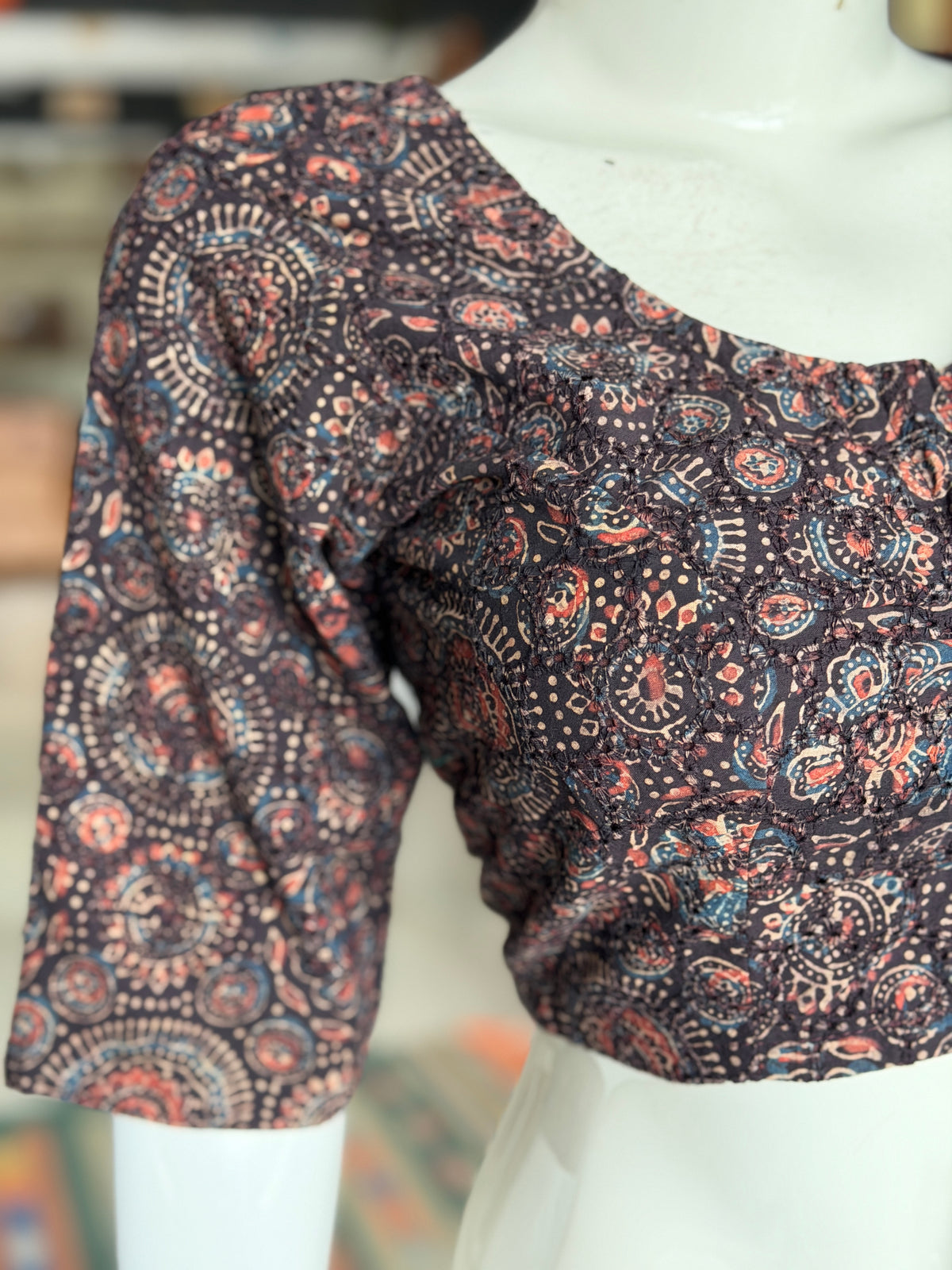 Black Ajrakh handblock printed cotton Hakoba front open blouse
