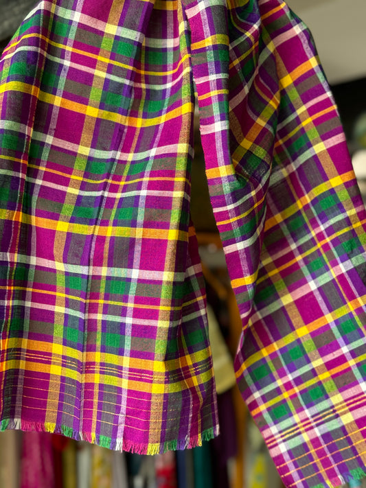 Bright purple checks hand woven cotton stole from Northeast India