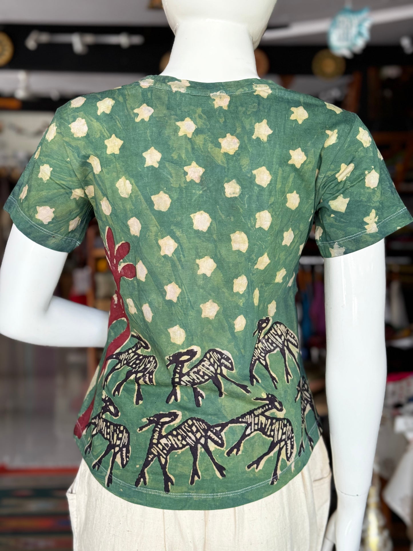 Green stars and deers cotton hand block printed , natural dyed tshirt for women