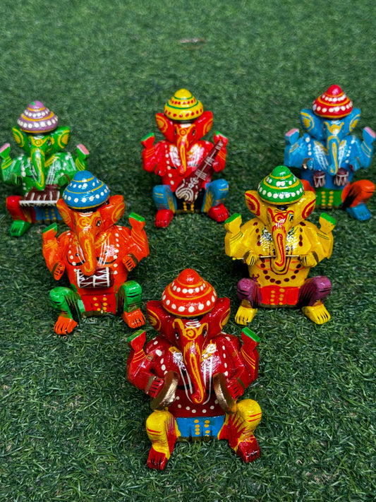 Wooden Ganesha musicians set of 6 - handcrafted