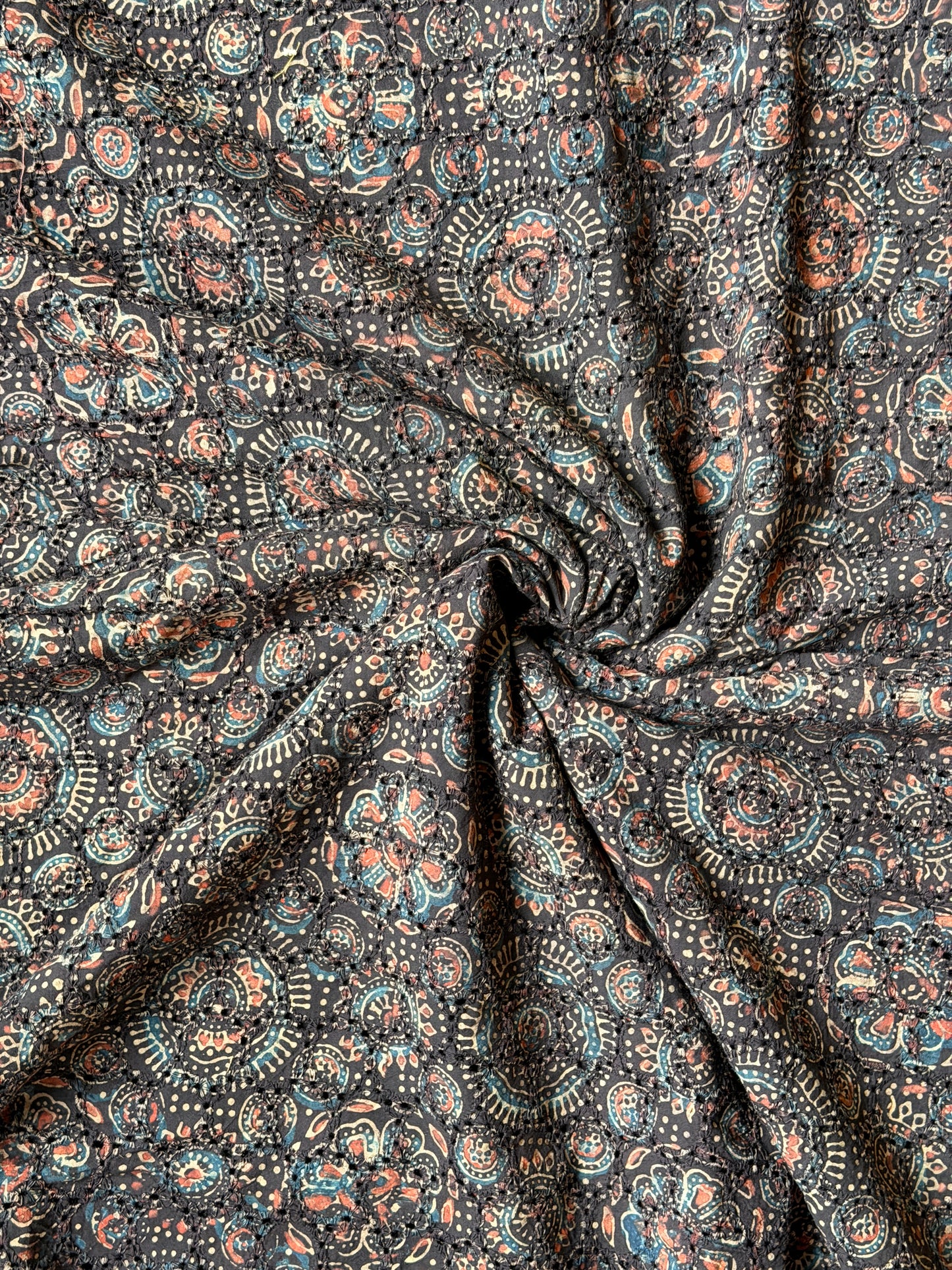 Hakoba cotton fabric with black Ajrakh hand block prints