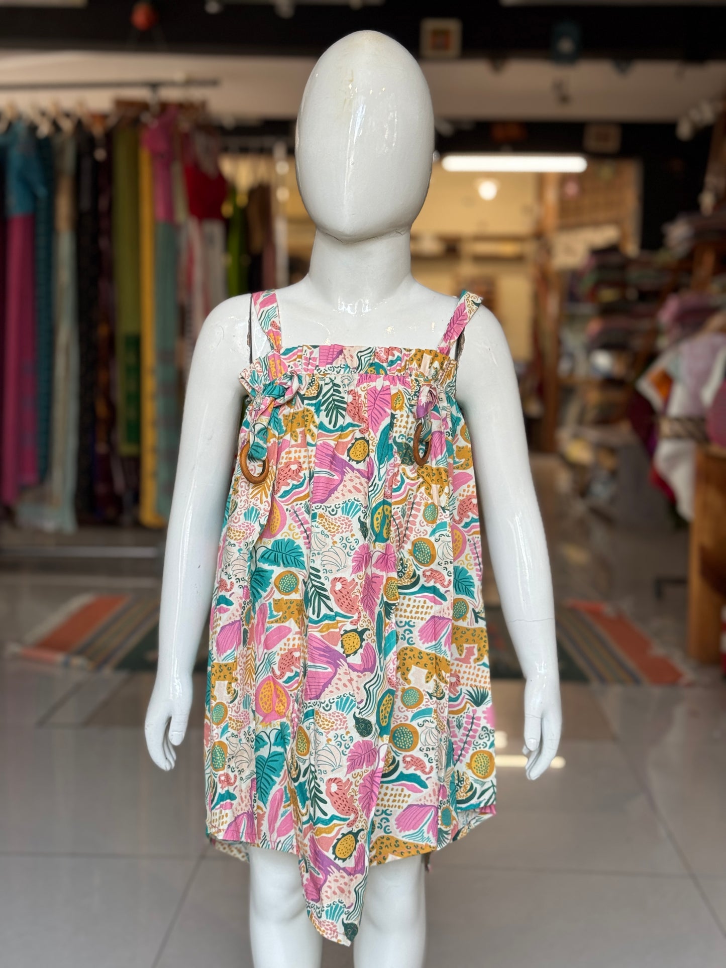 Colorful fruits and cats prints on white flared maxi dress for girls