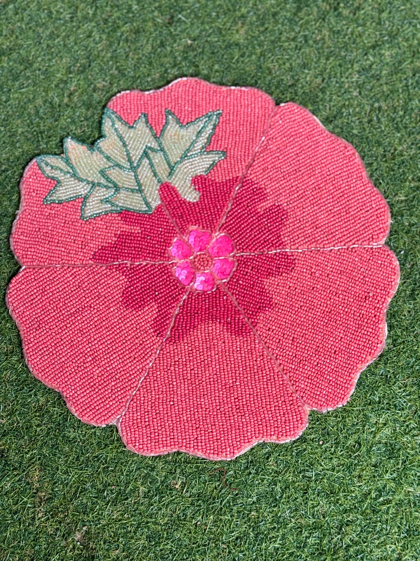 Red floral design beads handcrafted round placemat (single)