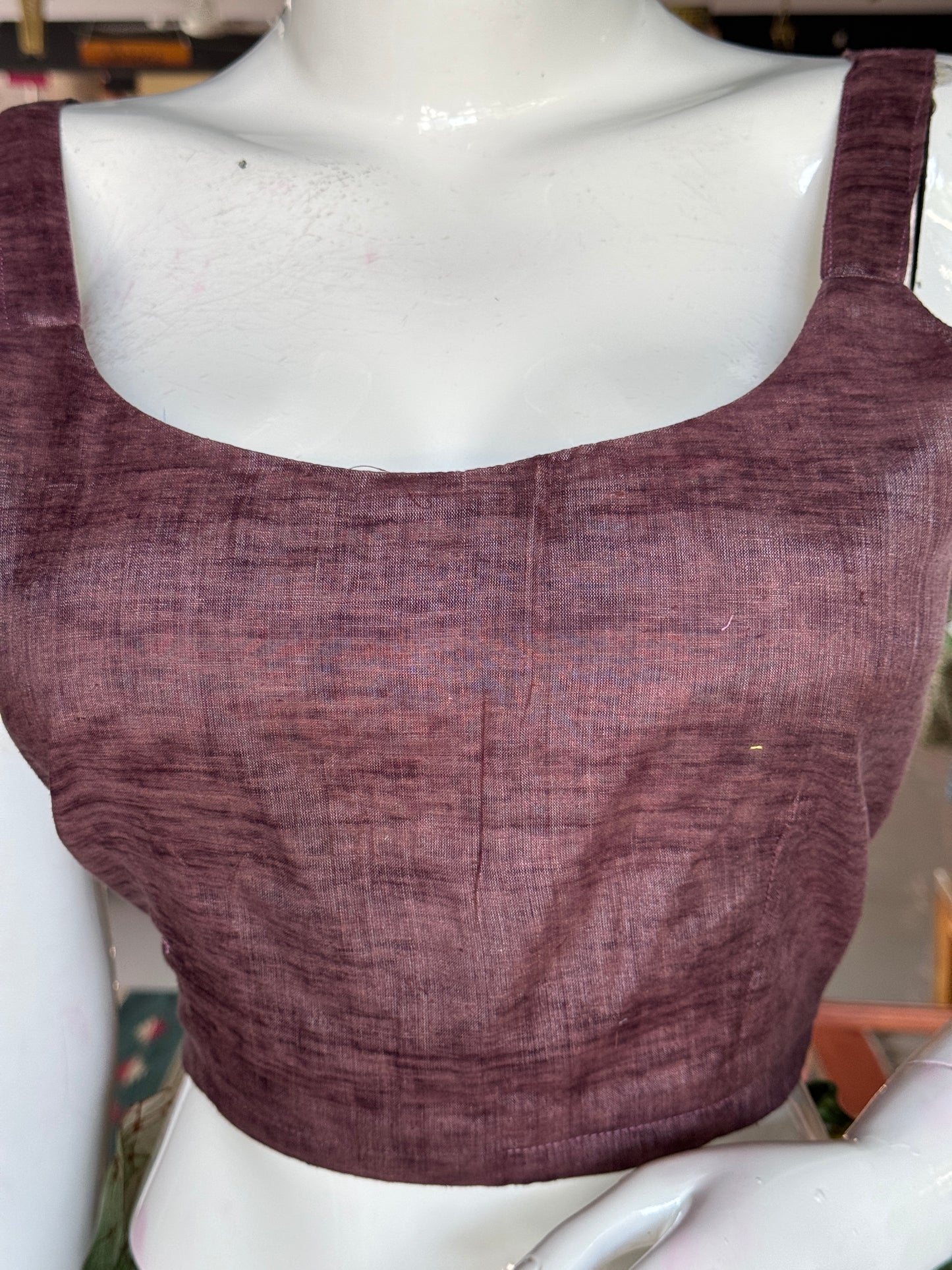 Plum strap sleeves back open silk blouse