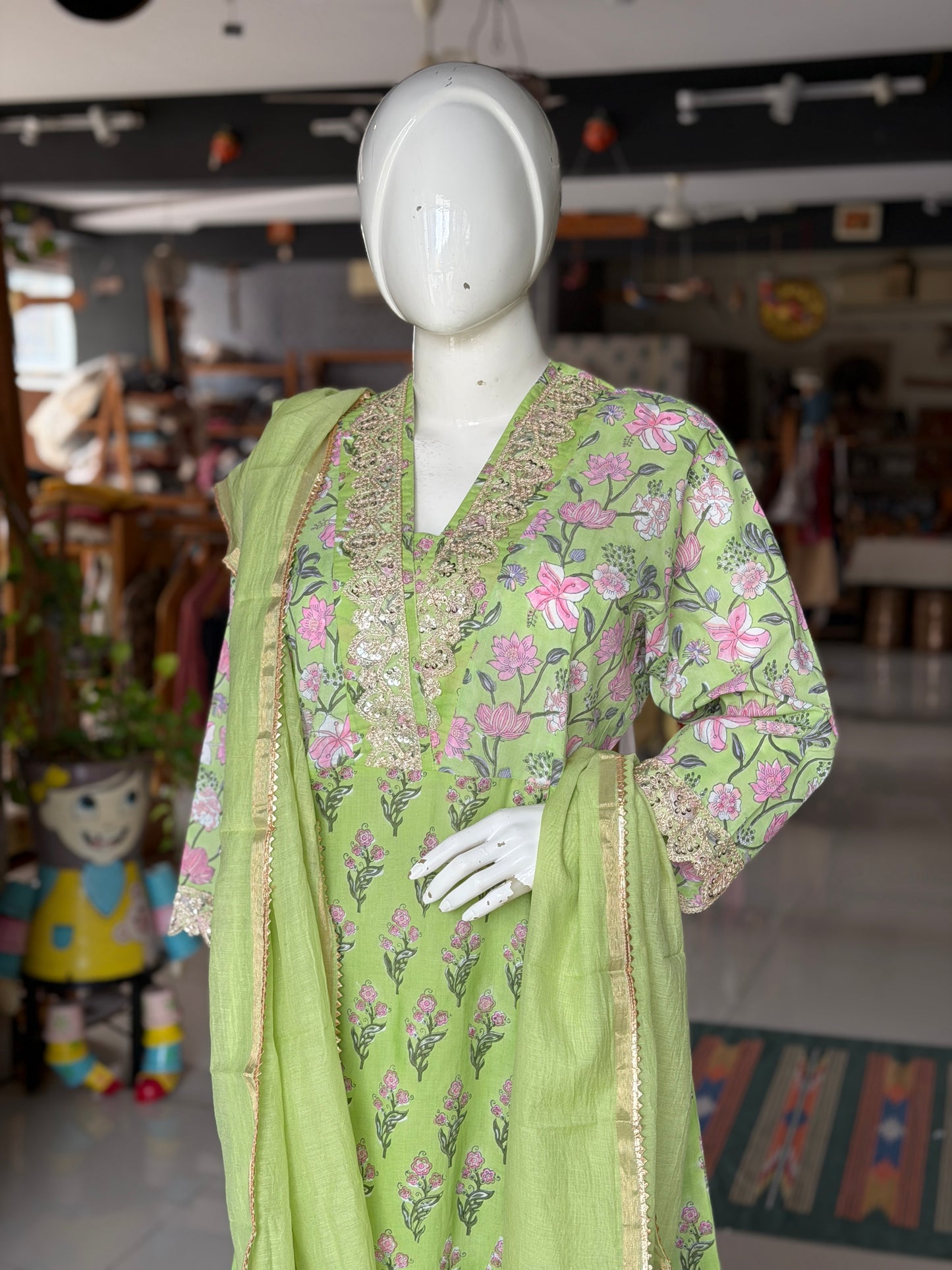 Green floral hand block print with lace detailing flared kurti, pants and dupatta - 3 piece set