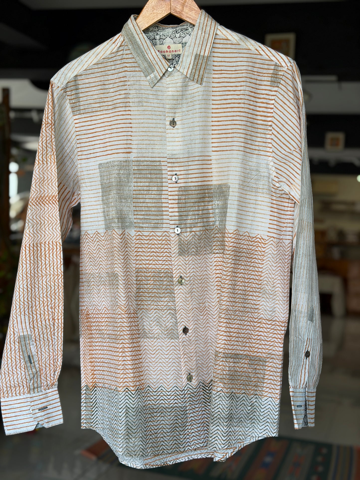 Mustard n grey geometric prints on off white base - designer hand block printed cotton shirt for men