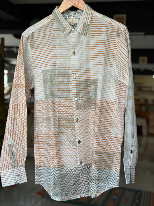 Mustard n grey geometric prints on off white base - designer hand block printed cotton shirt for men