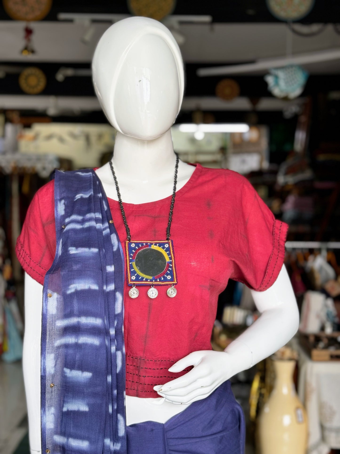 Blue hand embroidered soft cotton saree with maroon embroidered prestitched blouse