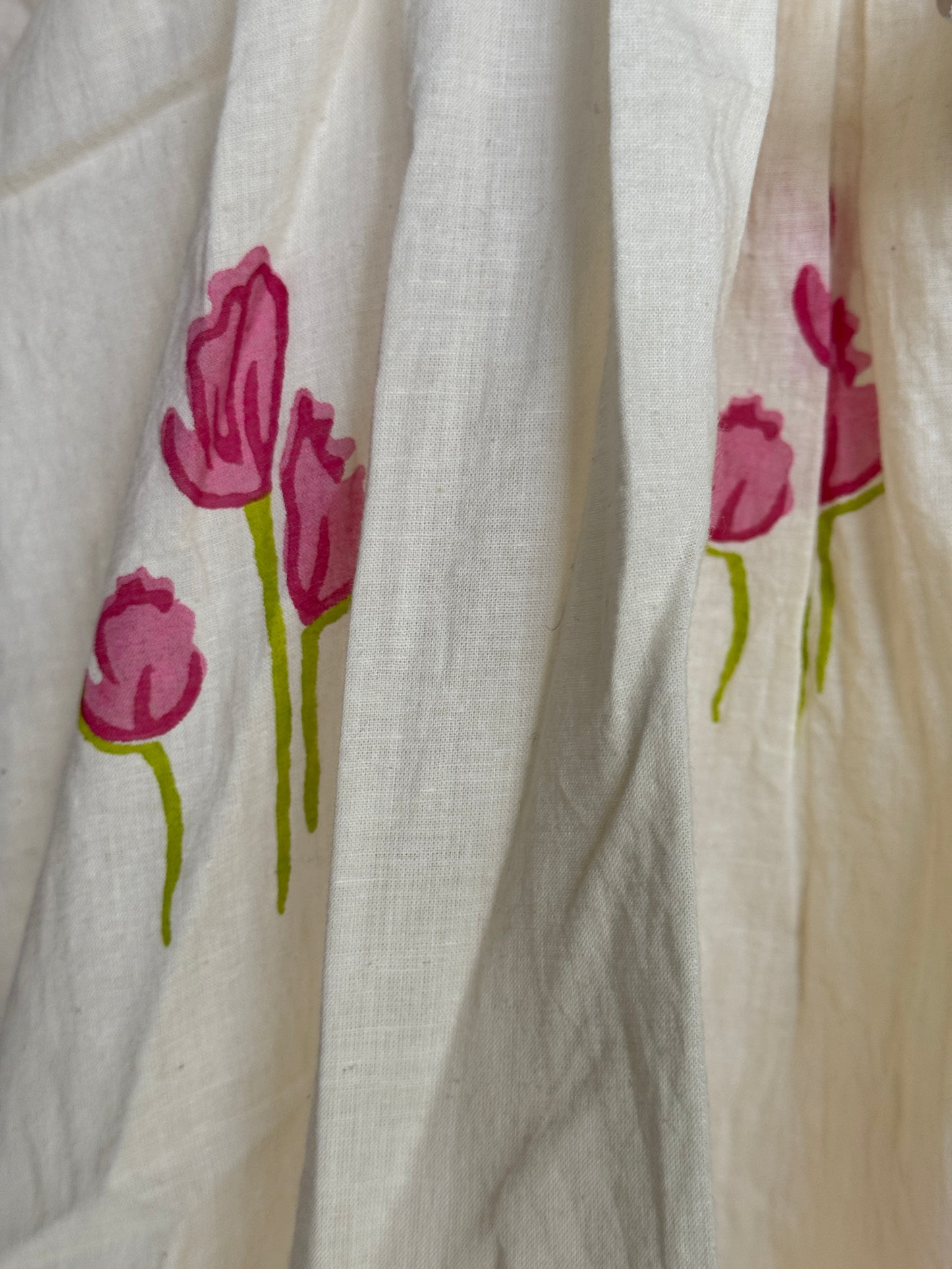 Cream cotton hand block printed kaftan dress with pink motifs