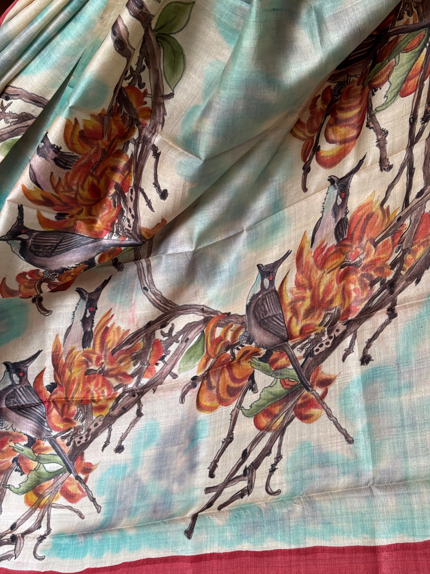 Birds in nest - hand painted pure tussar silk saree