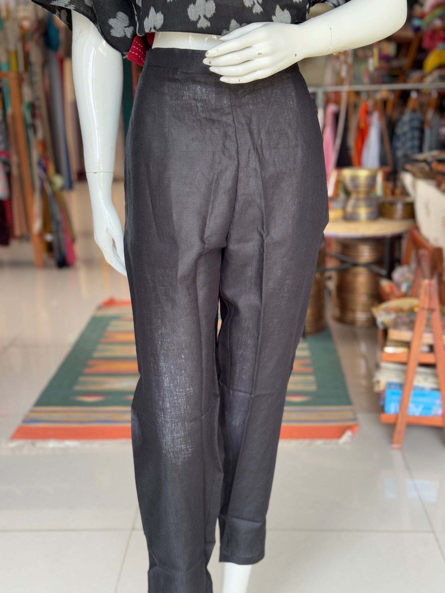 Black natural hemp straight pants for women